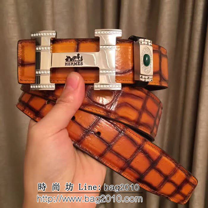 愛馬仕HERMES 純手工美洲鱷魚無拼接肚皮 海外專櫃 高端男士皮帶 HHG1291
